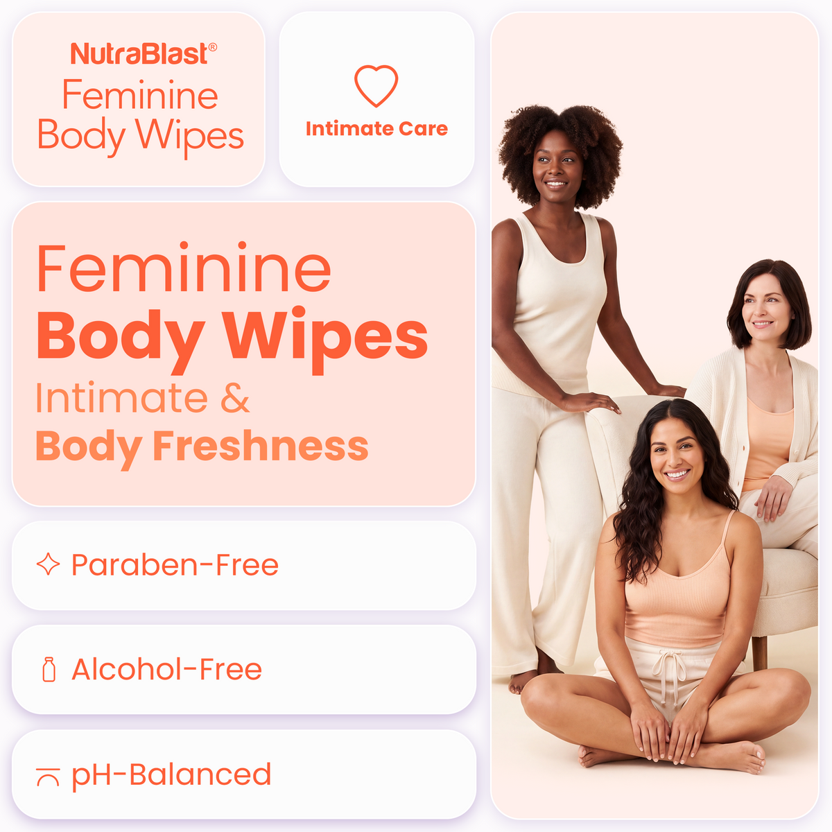 NutraBlast Feminine Wipes For Women With Boric Acid, 20 Count, pH Balanced, Feminine Care Body Wipes For Women, Everyday Vaginal Wipes, Individually Wrapped, Single Use, Alcohol-Free, Paraben-Free