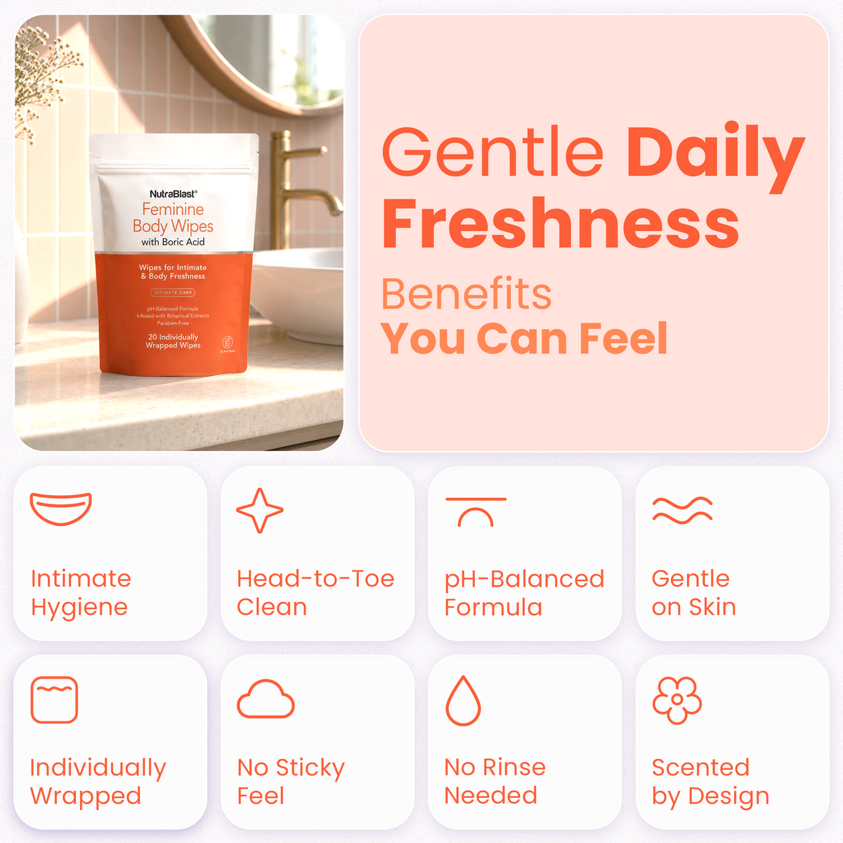 NutraBlast Feminine Wipes For Women With Boric Acid, 20 Count, pH Balanced, Feminine Care Body Wipes For Women, Everyday Vaginal Wipes, Individually Wrapped, Single Use, Alcohol-Free, Paraben-Free
