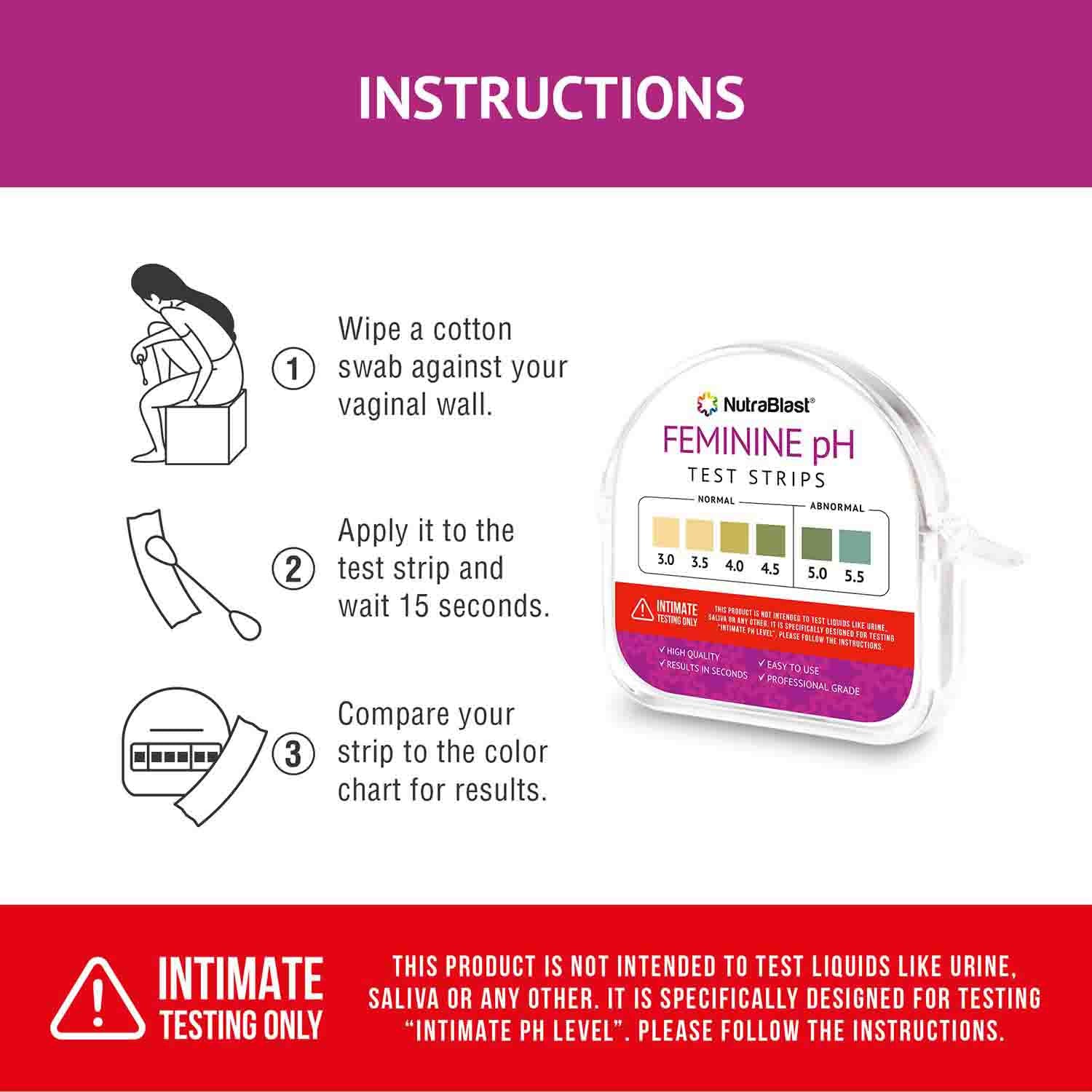 NutraBlast Feminine pH Test Strips (3.0-5.5) Monitor Balance pH Level