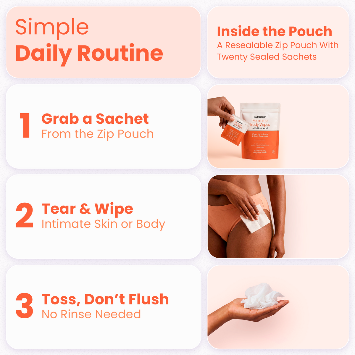 NutraBlast Feminine Wipes For Women With Boric Acid, 20 Count, pH Balanced, Feminine Care Body Wipes For Women, Everyday Vaginal Wipes, Individually Wrapped, Single Use, Alcohol-Free, Paraben-Free